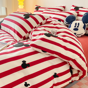 迪士尼纯棉四件套卡通全棉米奇条纹被套床单人儿童床上用品三件套