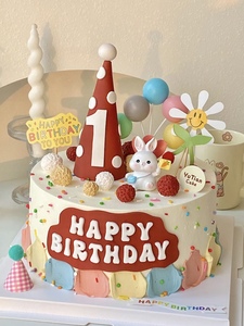 韩式兔宝宝一周岁生日蛋糕装饰插排小兔子树脂摆件甜品台装扮插件