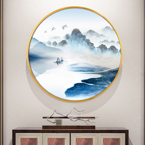 新中式客厅沙发背景墙装饰画圆形禅意山水画招财大气挂画玄关壁画