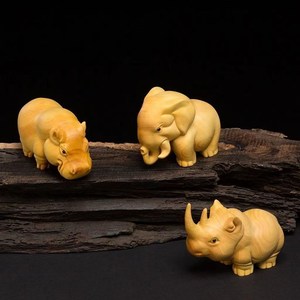太行崖柏非洲三宝实木雕刻手把件家居动物摆件犀牛河马大象装饰品