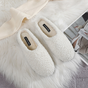 白色毛毛拖鞋女平底包头一脚蹬居家室内外棉拖羊羔毛大码41一43