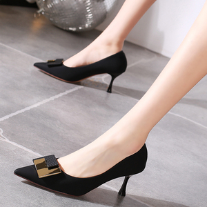 6cm细跟高跟鞋女2022春秋新款尖头浅口方扣女神范法式职业单鞋夏