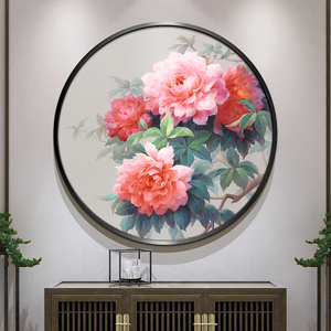 现代圆形装饰画牡丹花挂画新中式入户玄关过道壁画餐厅纯手绘油画