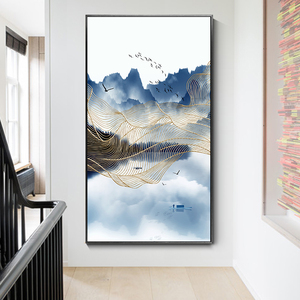抽象玄关装饰画新中式山水画竖版客厅壁画入户走廊过道大气墙挂画
