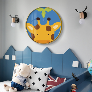 卡通动物儿童房装饰画北欧风卧室床头壁画温馨男女孩童趣圆形挂画