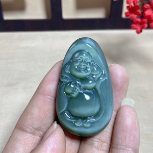 高货纯天然俄料和田玉碧玉冰底粉青猫眼佛公笑佛挂件女款带证书