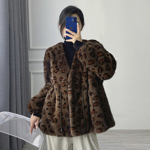 豹纹貂皮大衣女水貂