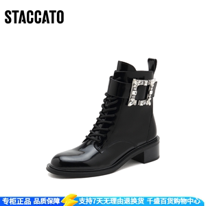 思加图2023冬季新款黑色甜酷马丁靴系带粗跟短筒靴女皮靴EC303DD1