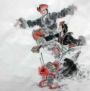 纯手绘国画人物舞蹈,少数民族 画心未装裱