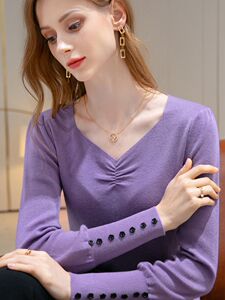 艺燕女装2021新款诗萌专柜春秋套头毛衣褶皱v领针织衫女修身纽扣