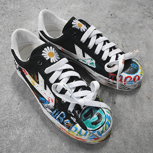 回力gd联名艺术限量涂鸦手绘小雏菊情侣男女款做旧低帮滑板小脏鞋