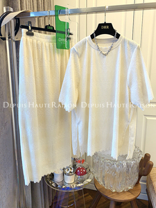 DHR 法式度假慵懒风蕾丝短袖T恤上衣半身裙子两件套装女宽松夏装