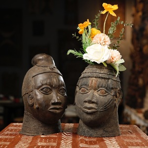 非洲铜雕贵族王室国王王后头像桌面摆件古董进口艺术品青铜器贝宁