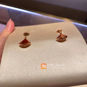 观澜香港代购 bvlgari宝格丽红玉髓耳坠玫瑰金带钻小裙子耳钉正品
