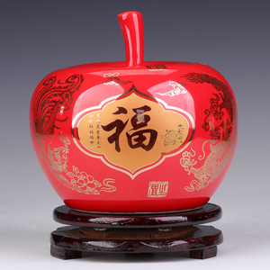 景德镇陶瓷中国红小摆件结婚红苹果玄关摆设新中式装饰客厅工艺品