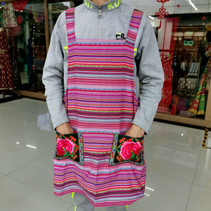 特色云南民族风绣花条纹布围腰厨房饭店妈妈围裙服务员工作服围兜