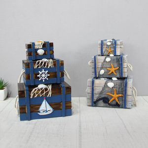 海洋海底小木箱地中海风格沙滩木盒子创意收纳盒超市美陈装饰品