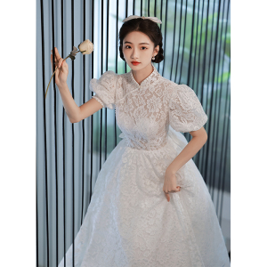 旗袍晚礼服裙女白色复古轻婚纱高端轻奢蕾丝结婚连衣裙敬酒服中式