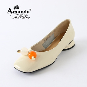 艾曼达amanda漆皮女鞋单鞋方头浅口2020新款百搭小白鞋平底鞋低跟