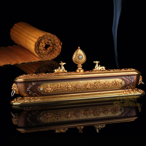 藏传佛教八宝狮耳双鹿法轮 纯铜卧香炉藏香莲花线香炉 供佛熏香炉