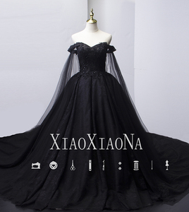 抖音同款黑婚纱2020新娘一字肩黑色肩纱公主梦幻长拖尾蓬蓬裙显瘦