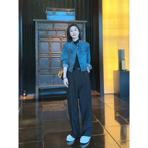 韩国chic秋季新款复古圆领多口袋时尚宽松显瘦水洗蓝牛仔短外套女