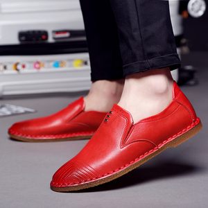 社会摇精神小伙鞋子韩式手工缝线皮鞋红色豆豆鞋夜店一脚蹬红鞋男