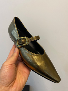 法式气质尖头奶奶鞋坡跟真皮一字扣单鞋女金色中古鞋vintage皮鞋
