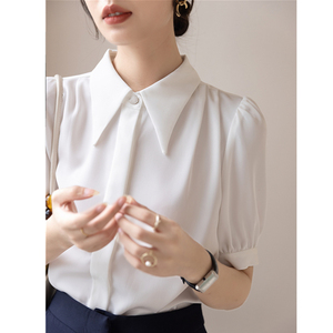 设计感法式尖领高档垂感白衬衫女夏季气质不透面试职业短袖衬衣OL