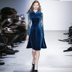 v领透视蕾丝长袖收腰大摆闪亮丝绒打底走秀连衣裙2020女秋冬新款