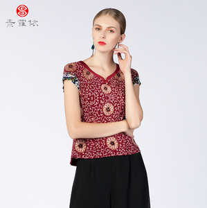 素罗依2022春夏新款女装syx9625民族风冰丝印花设计款短袖上衣