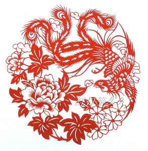 传统手工剪纸窗花窗贴凤戏牡丹34cm室内校园装饰生日礼品送朋友