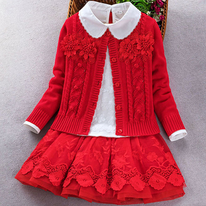 女童套装裙三件套毛衣裙子女宝宝针织开衫百褶裙淑女秋冬季韩范