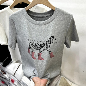 韩系圆领灰色卡通小狗印花针织短袖T恤女2024夏季新款设计感上衣