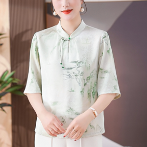 妈妈中国风新中式上衣女夏季新款高端中袖桑蚕丝衬衫杭州真丝小衫