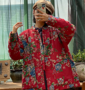 纯棉大花棉袄女宽松棉服冬大码民族复古对襟盘扣棉衣短款加厚外套