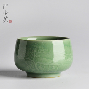 龙泉青瓷严少英茶具手工浮雕山水缸杯茶杯茶碗品茗杯品杯功夫茶道