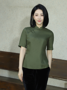 龙妙旗袍上衣 四分中袖纯亚麻改良盘扣民国大襟复古中式女装夏