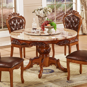 欧式餐桌实木圆桌椅组合别墅家用4-6人圆形大理石饭桌美式带转盘