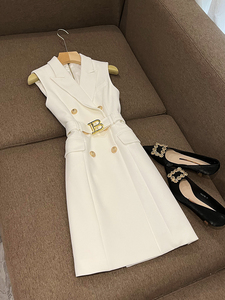 欧美风白色夏款无袖马甲西装外套连衣裙收腰显瘦中长裙B6236