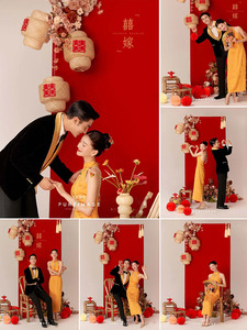 新中式拍照道具婚纱照喜嫁风俏皮拍摄灯笼藤竹编蜂窝红背景装饰