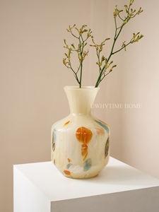 原创设计高级彩色点点奶黄色手工中古风琉璃玻璃花瓶花器插花摆件
