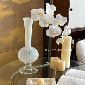 法式复古奶玻璃长颈高脚中古风艺术花瓶花器ins样板间软装摆件