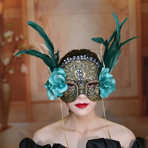 欧美夸张威尼斯烫金花朵面具羽毛蒙面歌王万圣节狂欢假面舞会派对