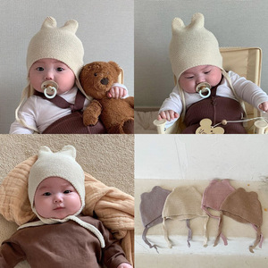 婴儿帽子秋冬韩国同款超萌婴儿宝宝小熊毛线帽子针织系带护耳帽子