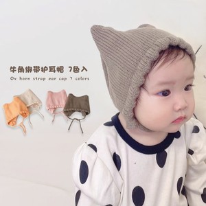 婴儿帽子秋冬韩国同款纯色男女宝宝针织帽可爱牛角绑带护耳毛线帽
