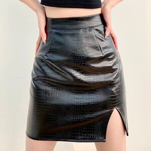 高腰a字皮裙女2022春新款欧美性感包臀蟒蛇纹半身裙侧开叉一步裙
