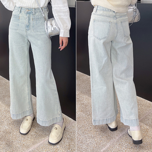JUJU韩国代购 24春夏高腰口袋直筒微喇九分牛仔裤