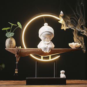 可爱创意灯圈小和尚禅意静心倒流香精品个性茶台茶道装饰茶桌摆件