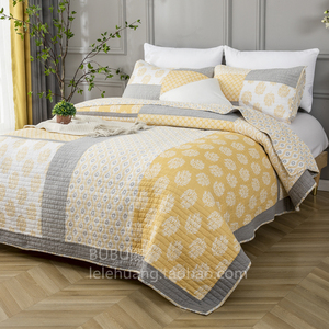 外贸美式全棉床盖黄色衍缝被三件套夹棉绗缝床单纯棉床罩空调被夏